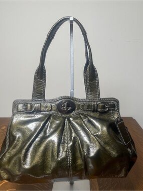 Coach Garnet Metallic Olive Patent Leather Shoulder Bag with Turn-Lock.